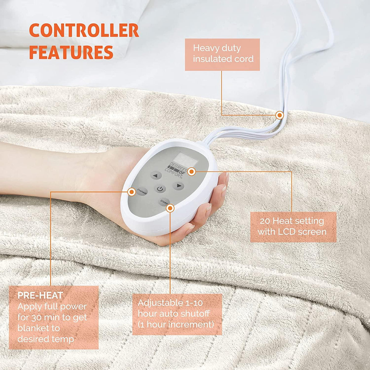 Heated Blanket King| Dual Control W/ Auto Shut Off | Micro Plush| Electric Blankets for Bed | Machine Washable | UL Certified - King,Ivory