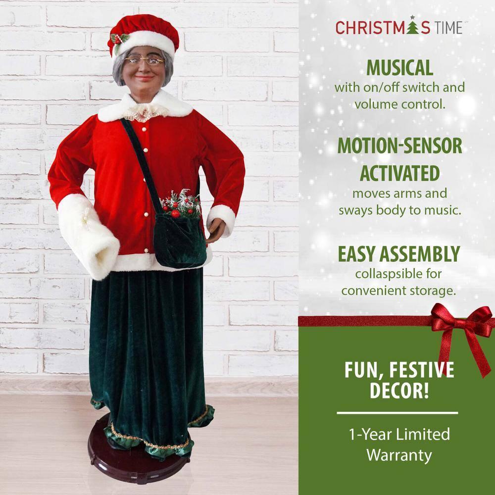 58 in. Christmas African American Dancing Mrs. Claus with Faux-Fur Hand Muff