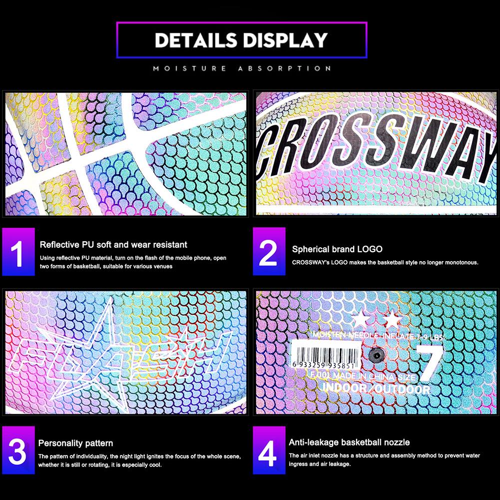 Famure Training ball set-Glowing Reflective Basketball Soft Professional Luminous Night Colorful School Training Ball for Boys Teenager