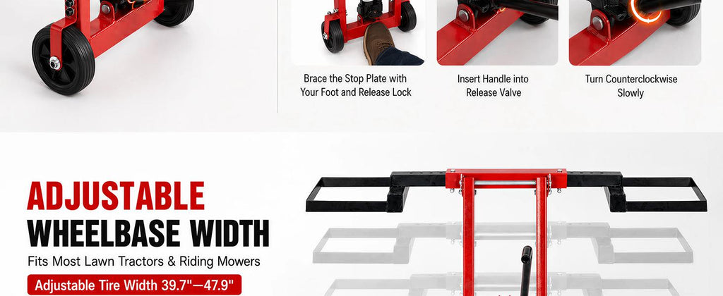 Lawn Mower Jack Lift 500-LB Carbon Steel Manual Crank Adjustable Width Tool | 3-Level Height Adjustment ,4-Level Tire Width Adjustment, Easy Operation Multiple Equipment ,Durable Construction
