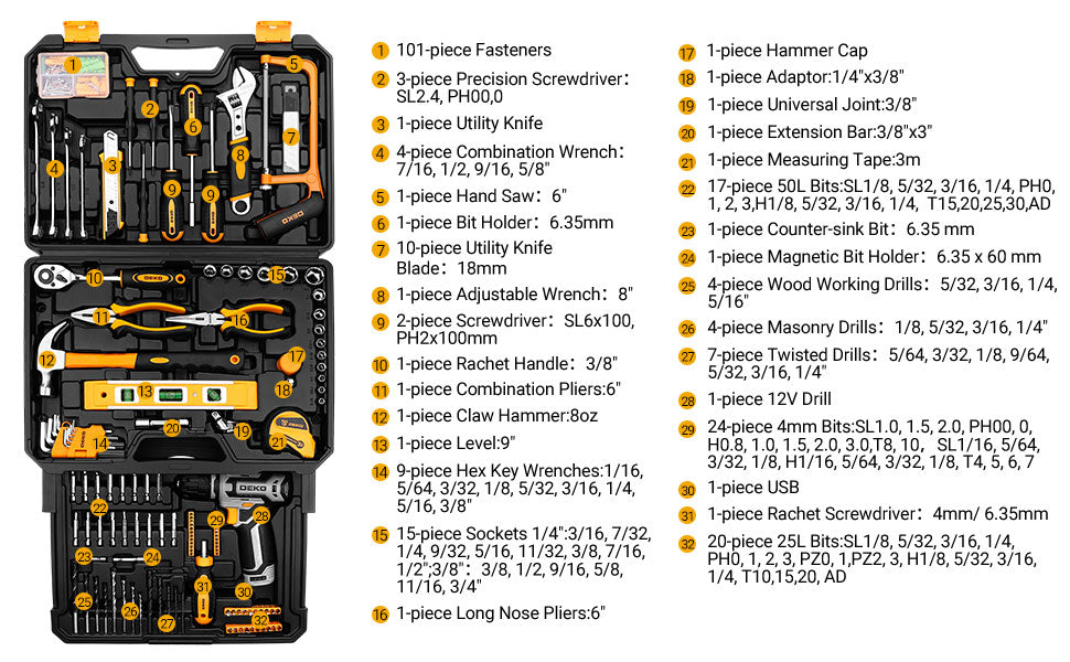 Tool Kit Box Drill Set： Home Mechanic Toolbox with 12V Power Cordless Drill Hand Repair Tools Sets Combo Kits StoraOrganizer Drawer Case for Men