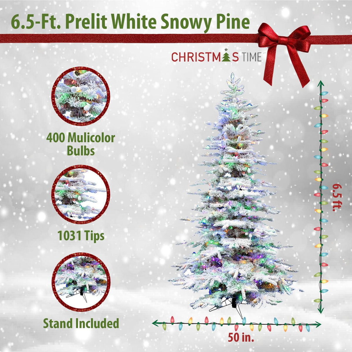 Christmas Time 6.5-Ft. White Pine Snowy Artificial Christmas Tree with Multi-Color LED String Lighting and Holiday Soundtrack