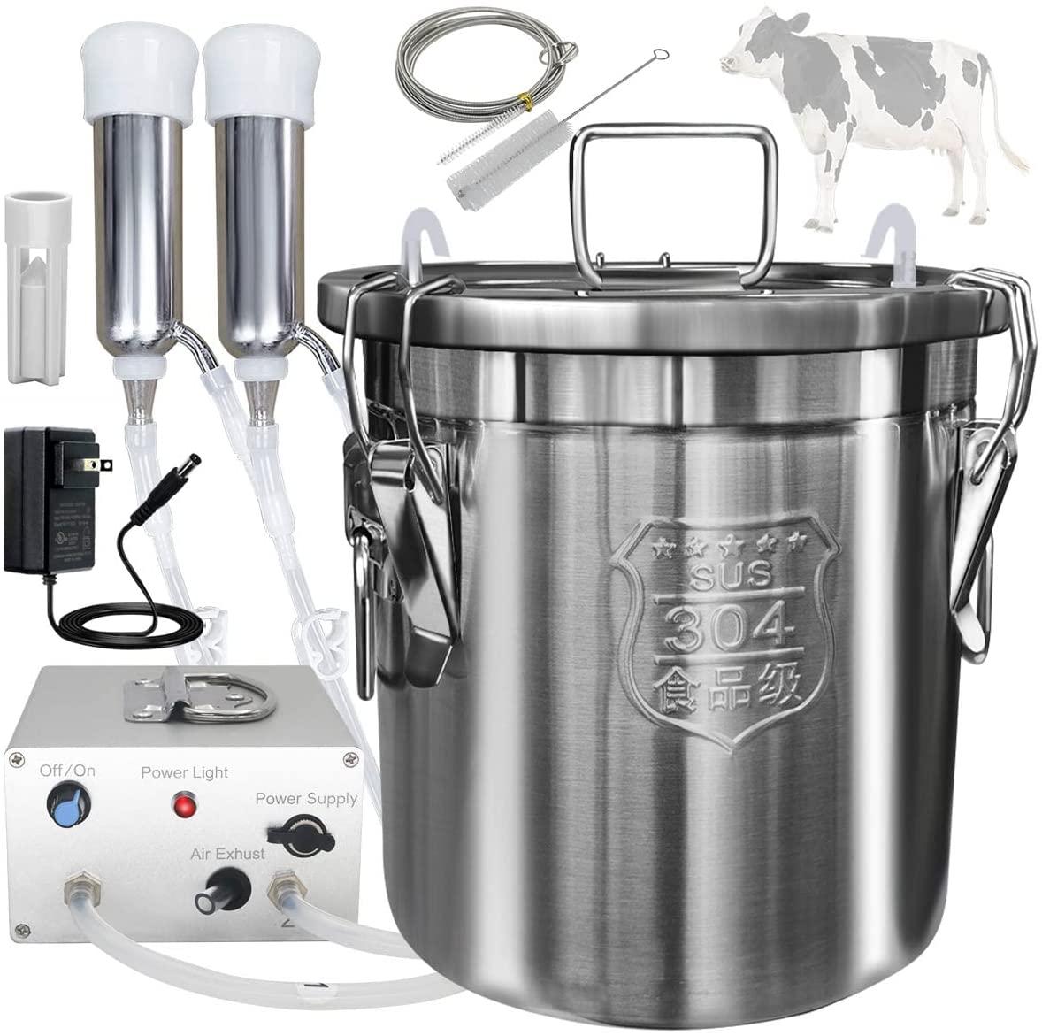 hantop 12l cow milking machine, portable plug-in pulsating vacuum pump, food grade 304 stainless steel milk bucket with auto stop check valve and teats cups cow milker machine (classic model)