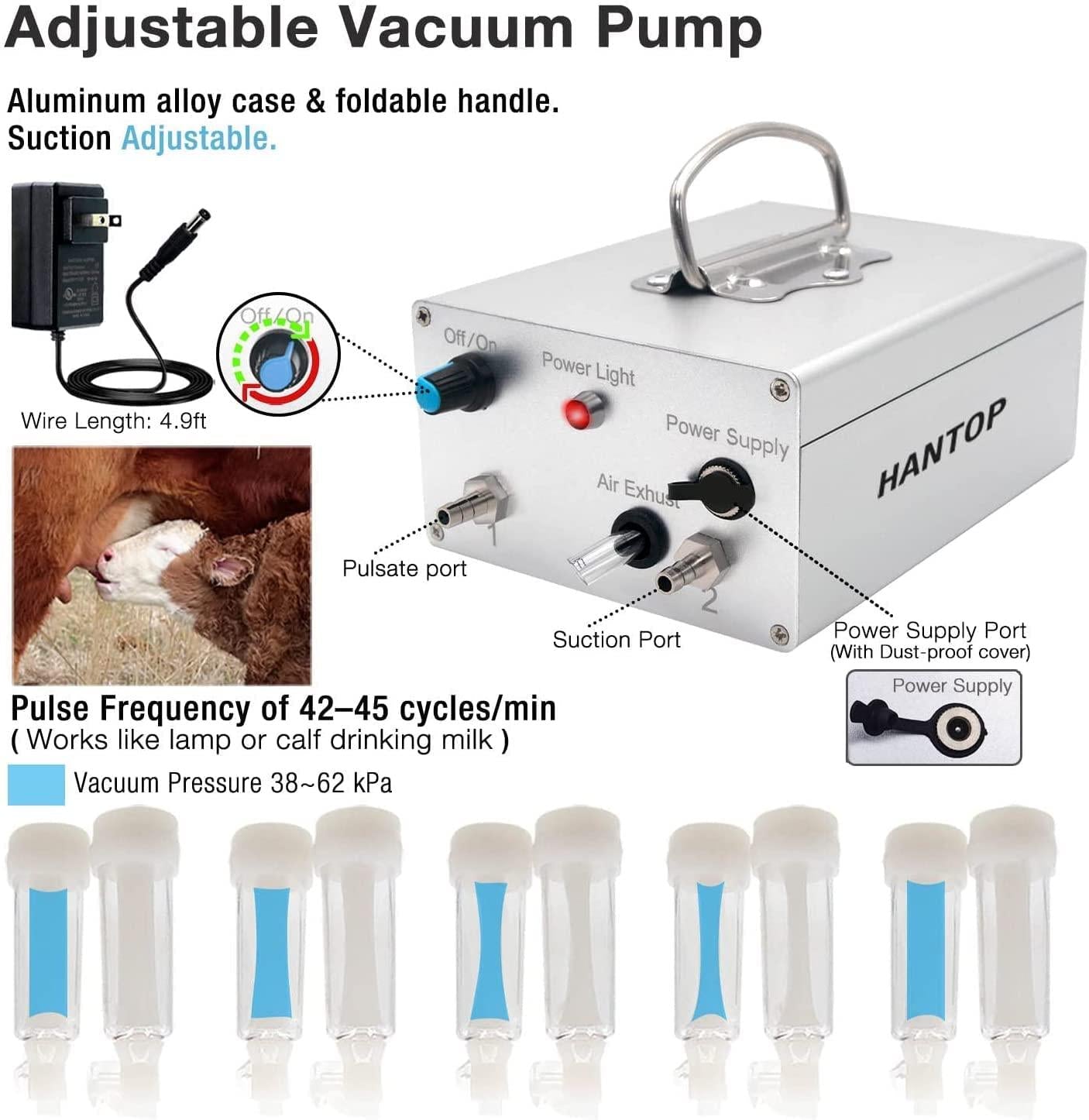 hantop 12l cow milking machine, portable plug-in pulsating vacuum pump, food grade 304 stainless steel milk bucket with auto stop check valve and teats cups cow milker machine (classic model)