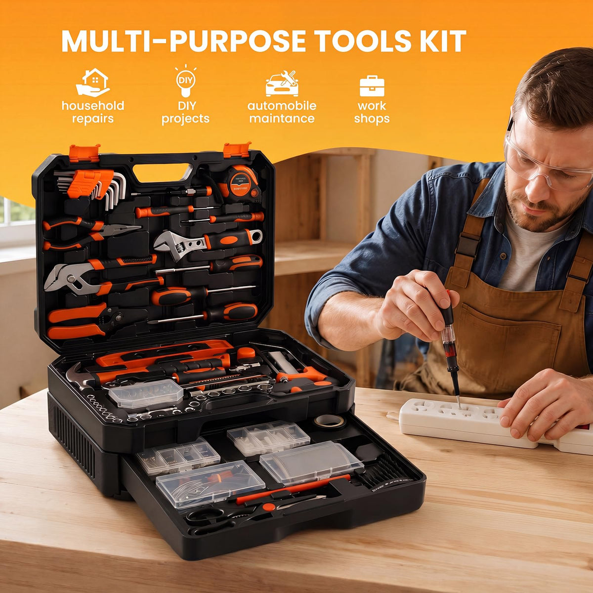 330-Piece Complete Tool Box Set, Durable Homeowners Tool Kit with Pull-Out Drawer, Versatile Home Repair Kit for Auto & Household, DIY Projects, Black-Yellow