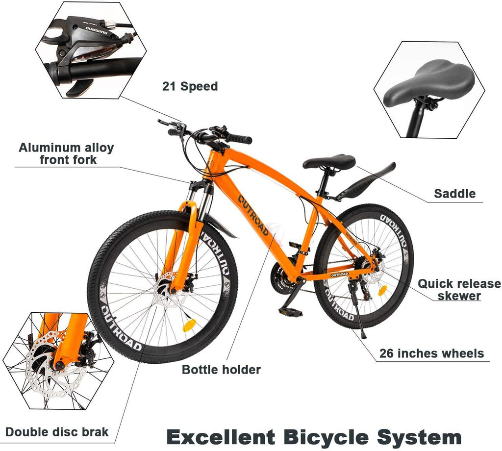 Max4out Mountain Bike 21 Speed  Derailleur with High Carbon Steel Frame, 26 inches Wheels, Double Disc Brake, Front Suspension Anti-Slip Bikes
