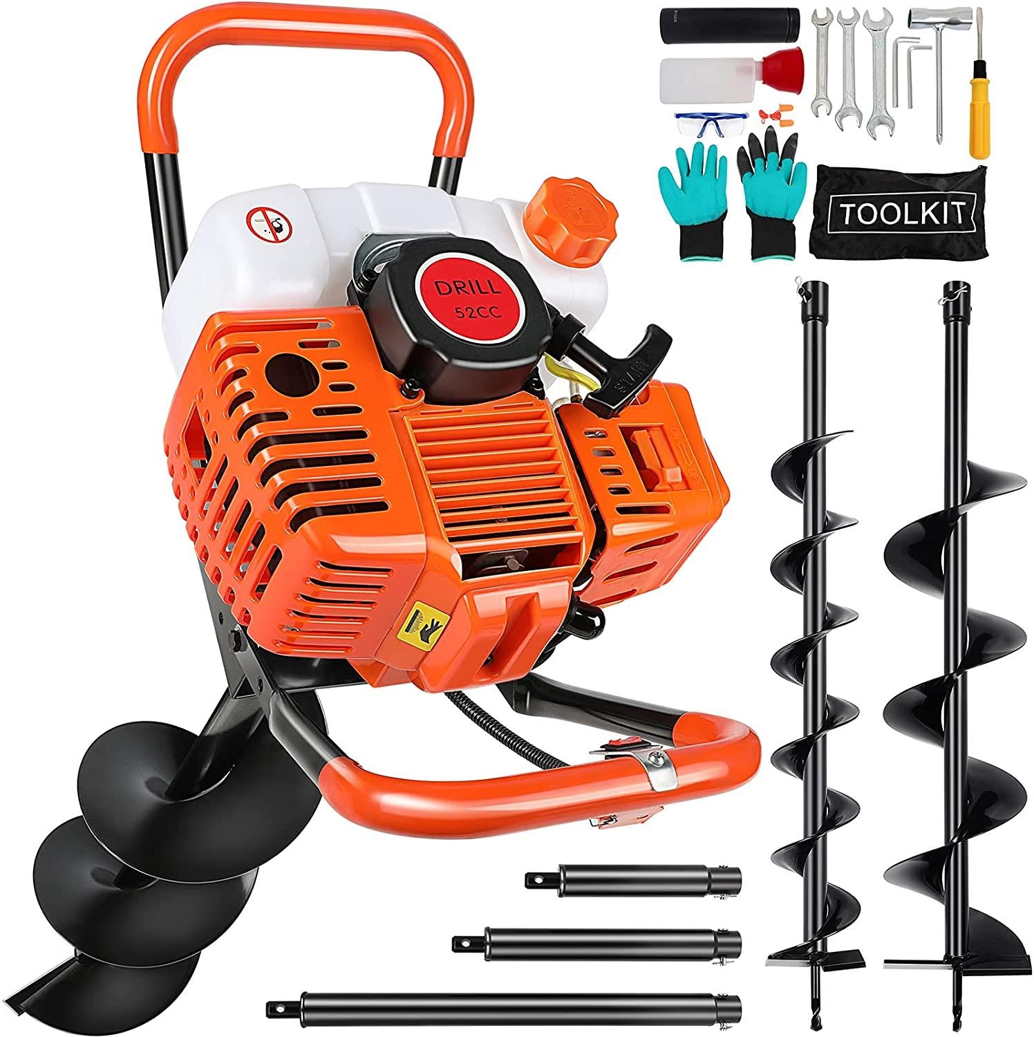 gpoas 52cc gas powered post hole digger with 4”6”8”earth auger drill bits and 3 extension bars (8" 12" 20"),2-stroke 2.4hp fence post auger for farm garden plant