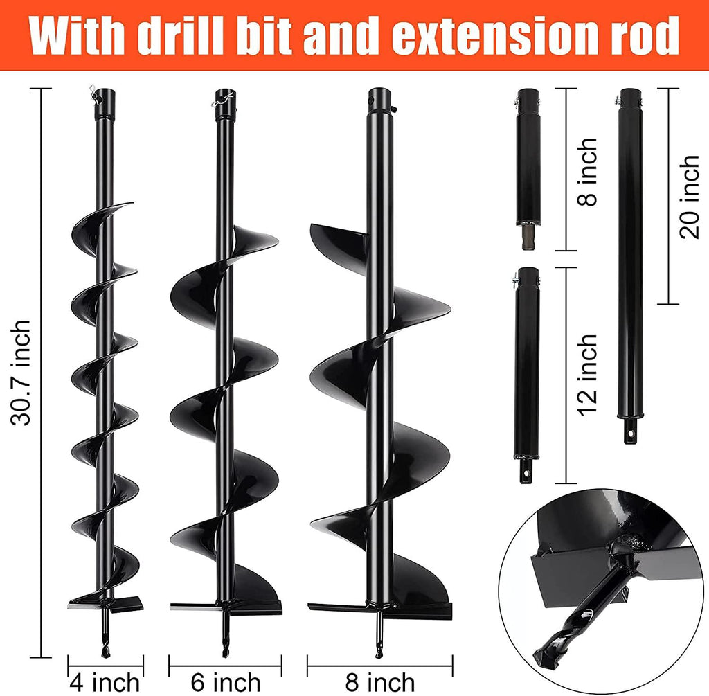gpoas 52cc gas powered post hole digger with 4”6”8”earth auger drill bits and 3 extension bars (8" 12" 20"),2-stroke 2.4hp fence post auger for farm garden plant
