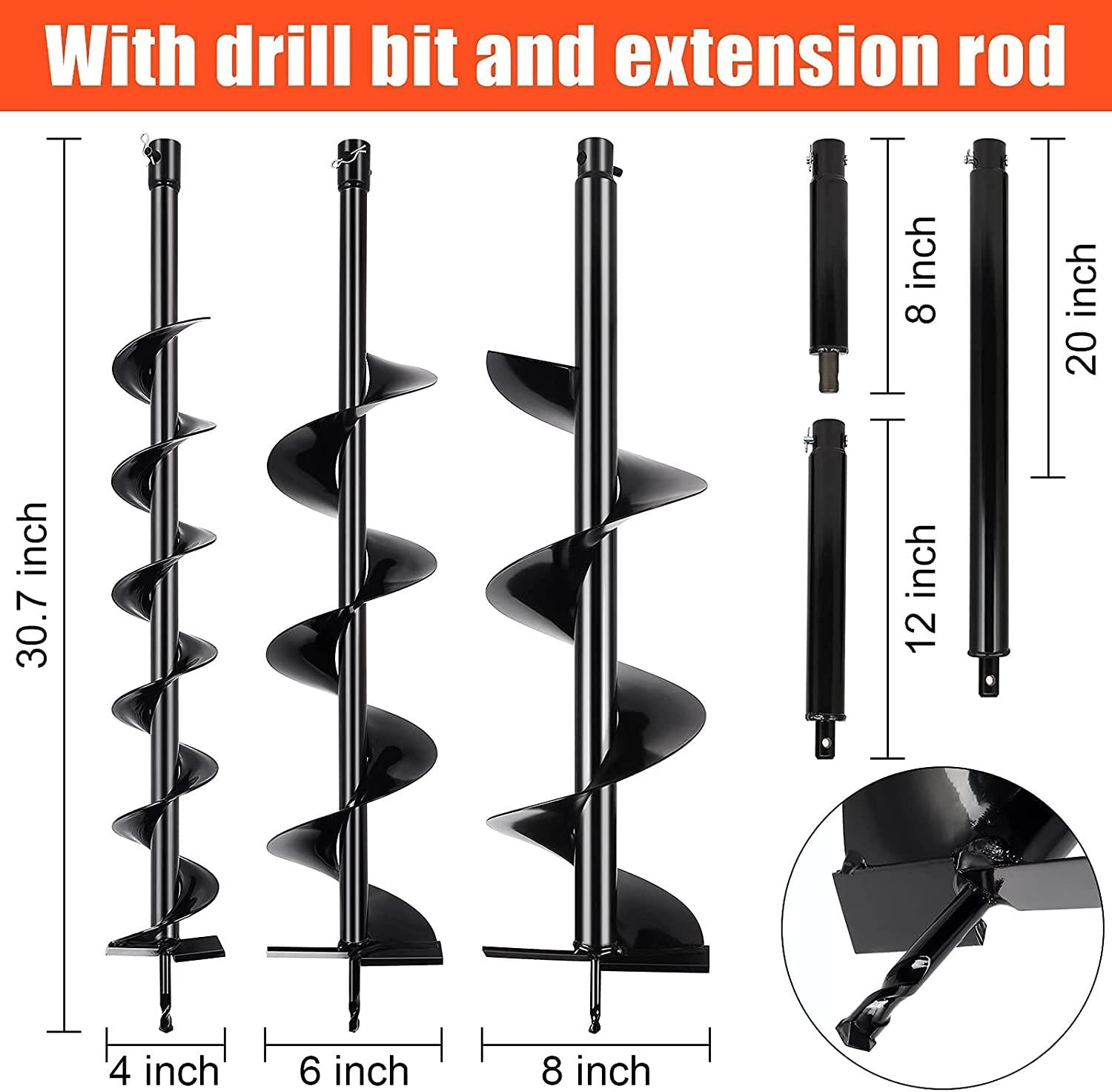 gpoas 52cc gas powered post hole digger with 4”6”8”earth auger drill bits and 3 extension bars (8" 12" 20"),2-stroke 2.4hp fence post auger for farm garden plant