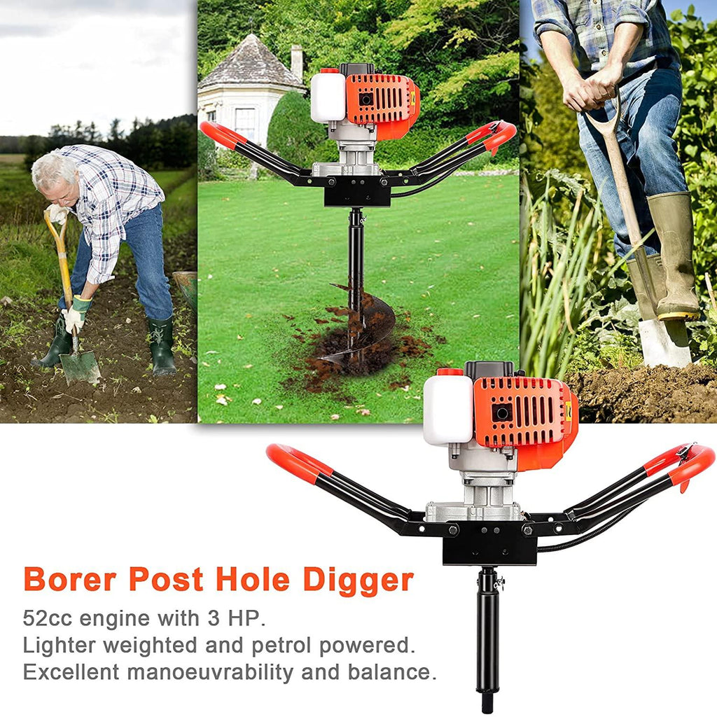 gpoas 52cc gas powered post hole digger with 4”6”8”earth auger drill bits and 3 extension bars (8" 12" 20"),2-stroke 2.4hp fence post auger for farm garden plant