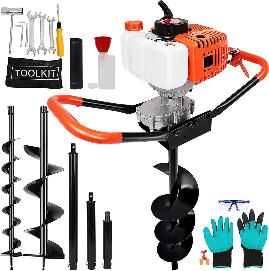 gpoas 52cc gas powered post hole digger with 4”6”8”earth auger drill bits and 3 extension bars (8" 12" 20"),2-stroke 2.4hp fence post auger for farm garden plant