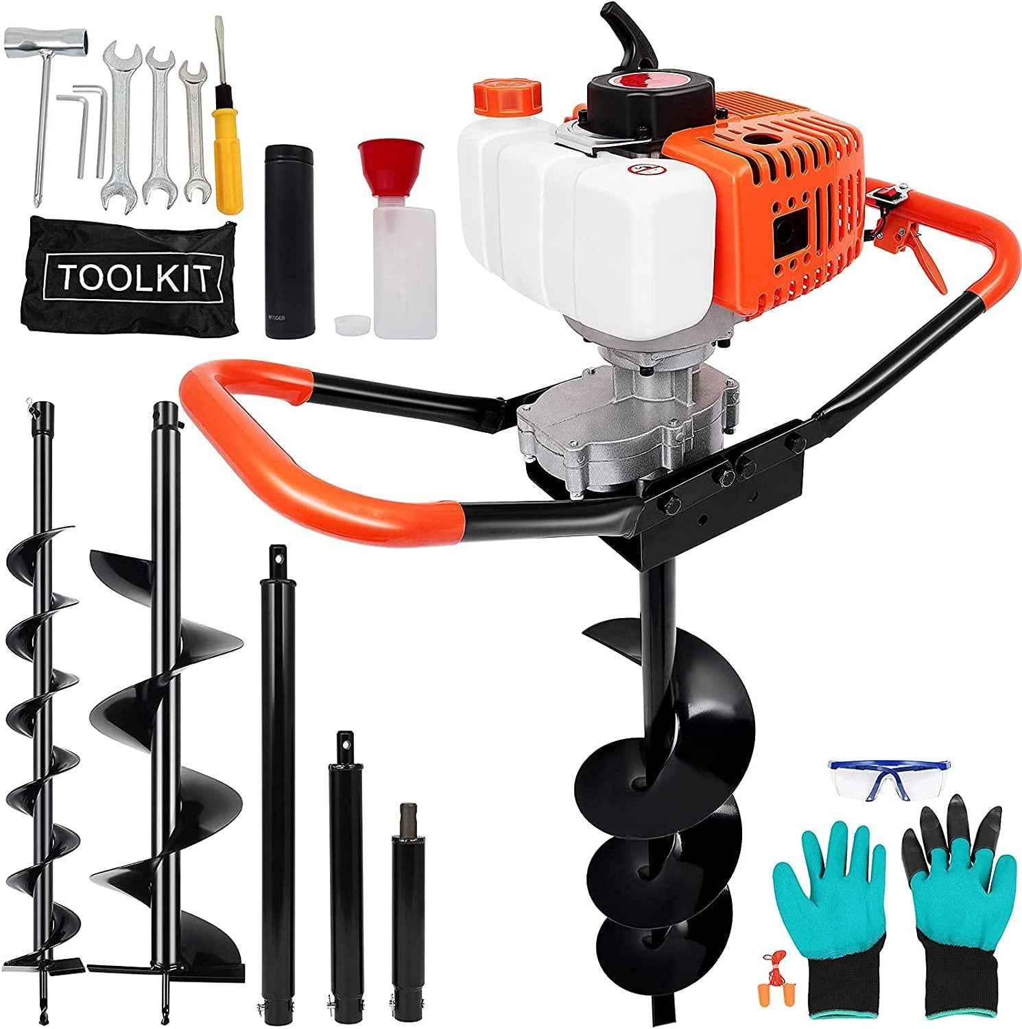 gpoas 52cc gas powered post hole digger with 4”6”8”earth auger drill bits and 3 extension bars (8" 12" 20"),2-stroke 2.4hp fence post auger for farm garden plant