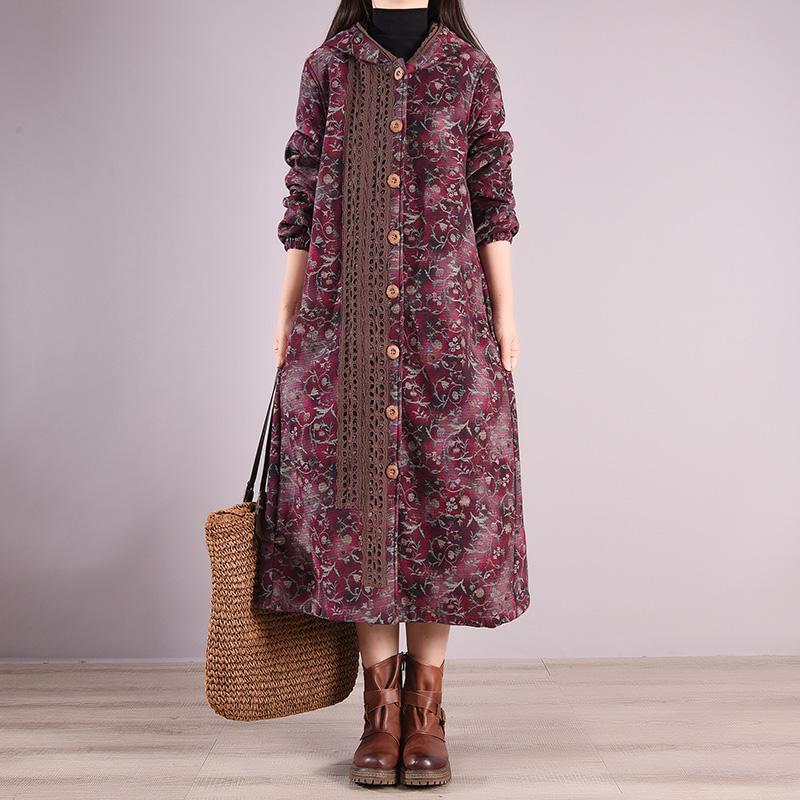 Winter Floral Hollow Plush Warm Hoodie Dress