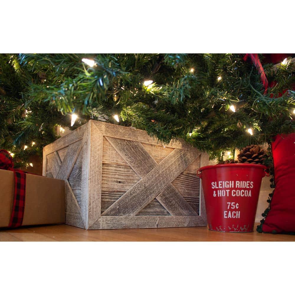 Farmhouse Deluxe 27 in. W x 14.5 in. H, 37 in. Dia, White Wash Decorative Christmas Tree Box Collar