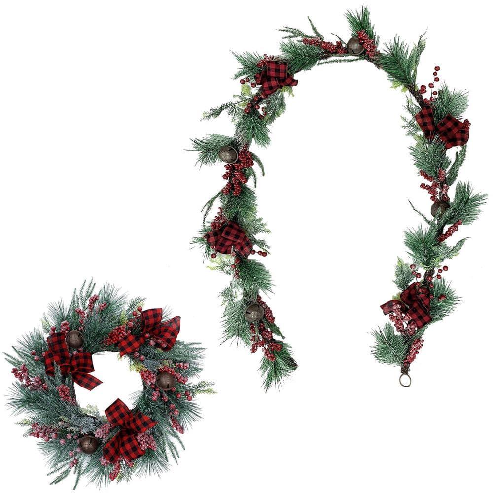24 in. Artificial Christmas Wreath and Garland Set with Red Berries, Plaid Bows and Rustic Sleigh Bells