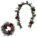 24 in. Artificial Christmas Wreath and Garland Set with Red Berries, Plaid Bows and Rustic Sleigh Bells