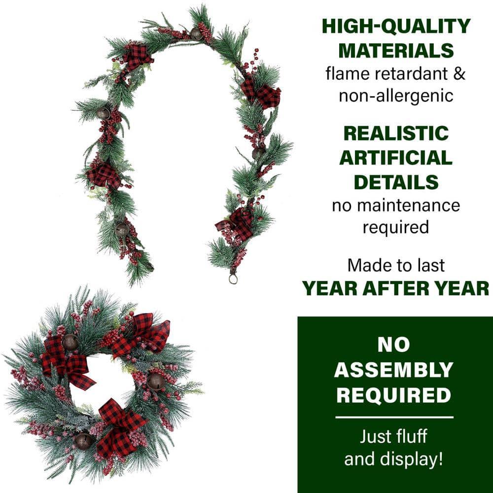 24 in. Artificial Christmas Wreath and Garland Set with Red Berries, Plaid Bows and Rustic Sleigh Bells
