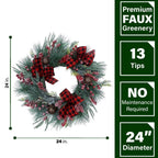 24 in. Artificial Christmas Wreath and Garland Set with Red Berries, Plaid Bows and Rustic Sleigh Bells