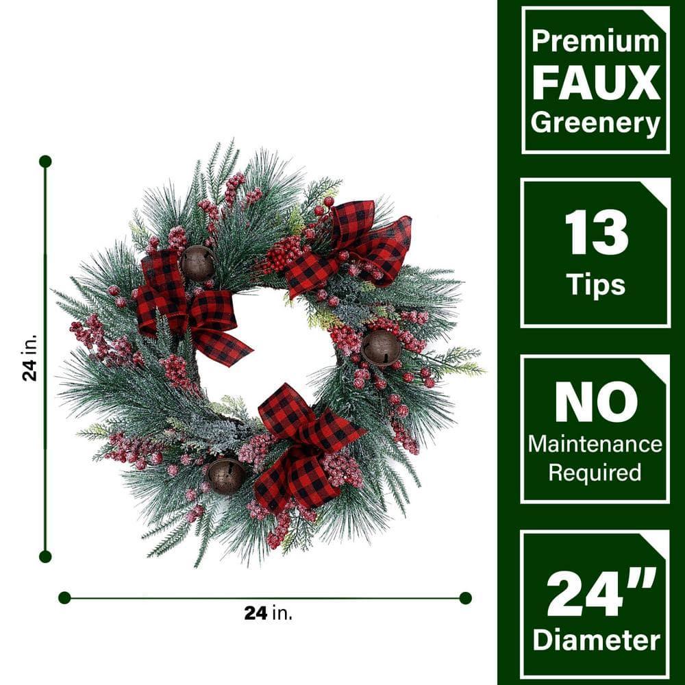24 in. Artificial Christmas Wreath and Garland Set with Red Berries, Plaid Bows and Rustic Sleigh Bells