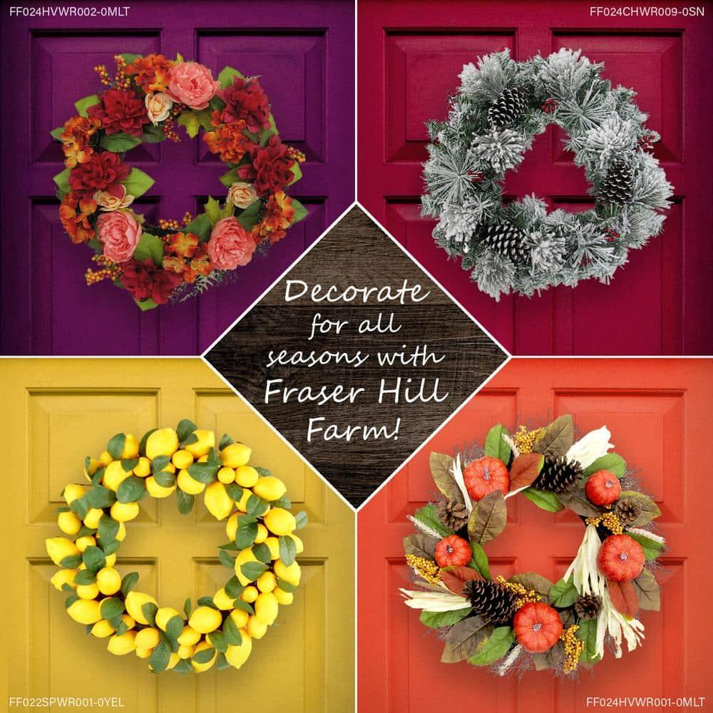 24 in. Artificial Christmas Wreath and Garland Set with Red Berries, Plaid Bows and Rustic Sleigh Bells