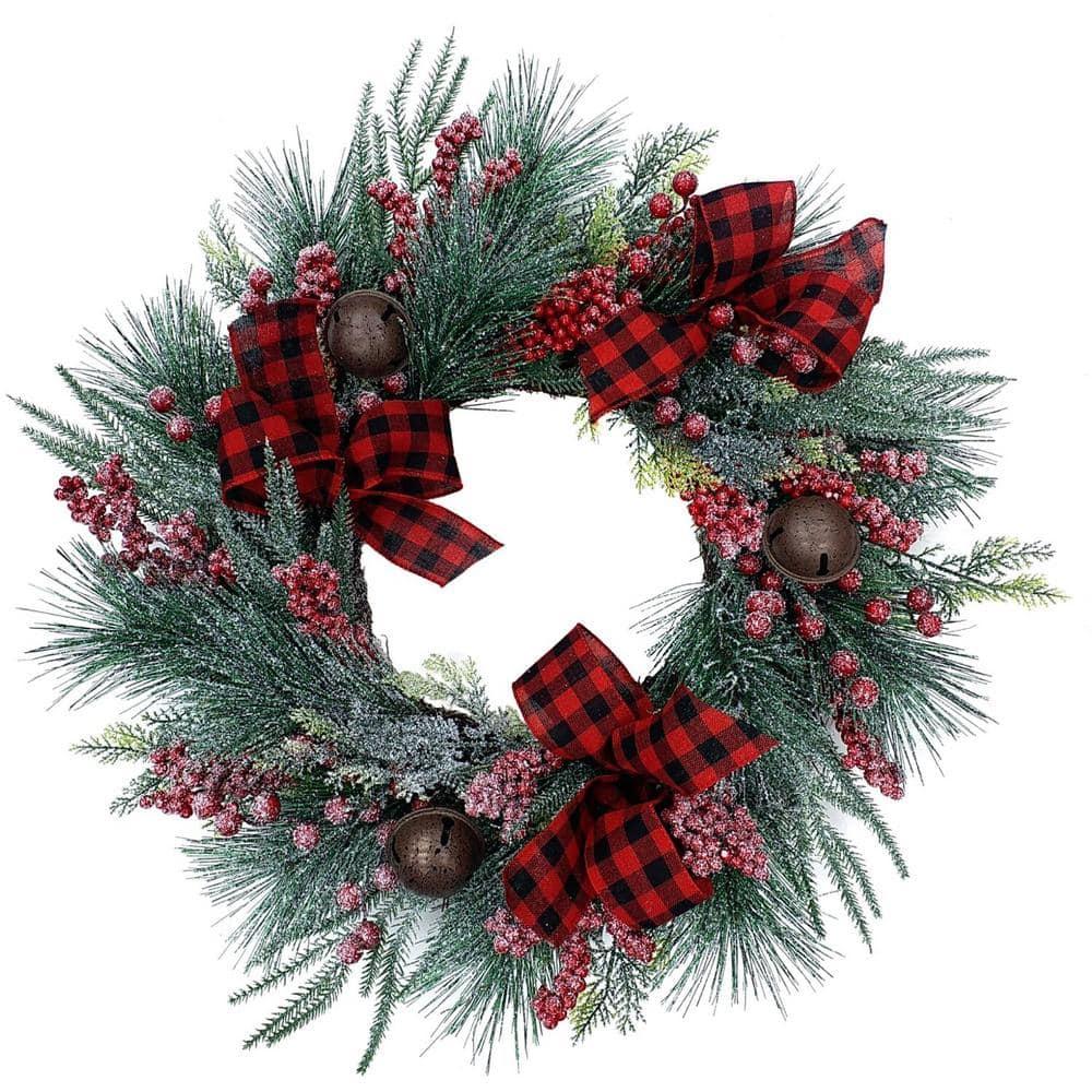 24 in. Artificial Christmas Wreath and Garland Set with Red Berries, Plaid Bows and Rustic Sleigh Bells