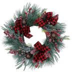24 in. Artificial Christmas Wreath and Garland Set with Red Berries, Plaid Bows and Rustic Sleigh Bells