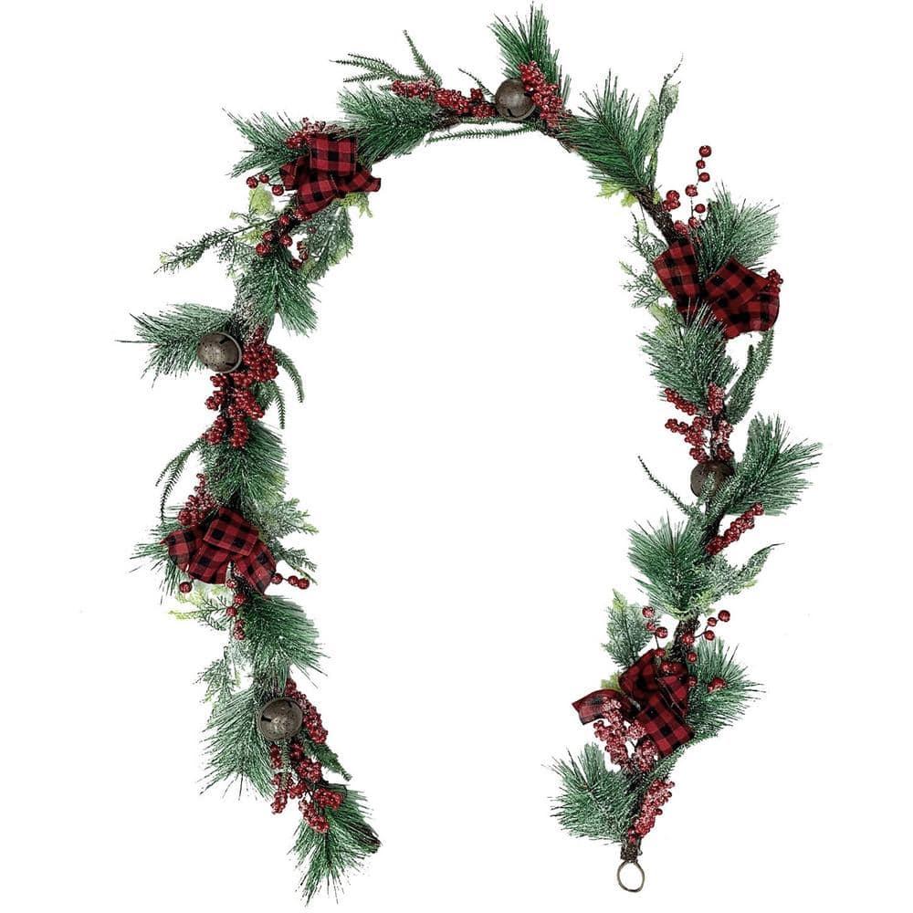 24 in. Artificial Christmas Wreath and Garland Set with Red Berries, Plaid Bows and Rustic Sleigh Bells