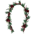 24 in. Artificial Christmas Wreath and Garland Set with Red Berries, Plaid Bows and Rustic Sleigh Bells
