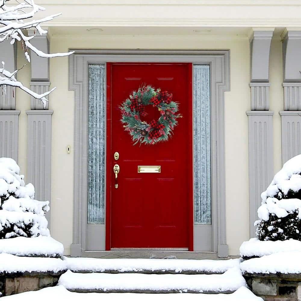 24 in. Artificial Christmas Wreath and Garland Set with Red Berries, Plaid Bows and Rustic Sleigh Bells