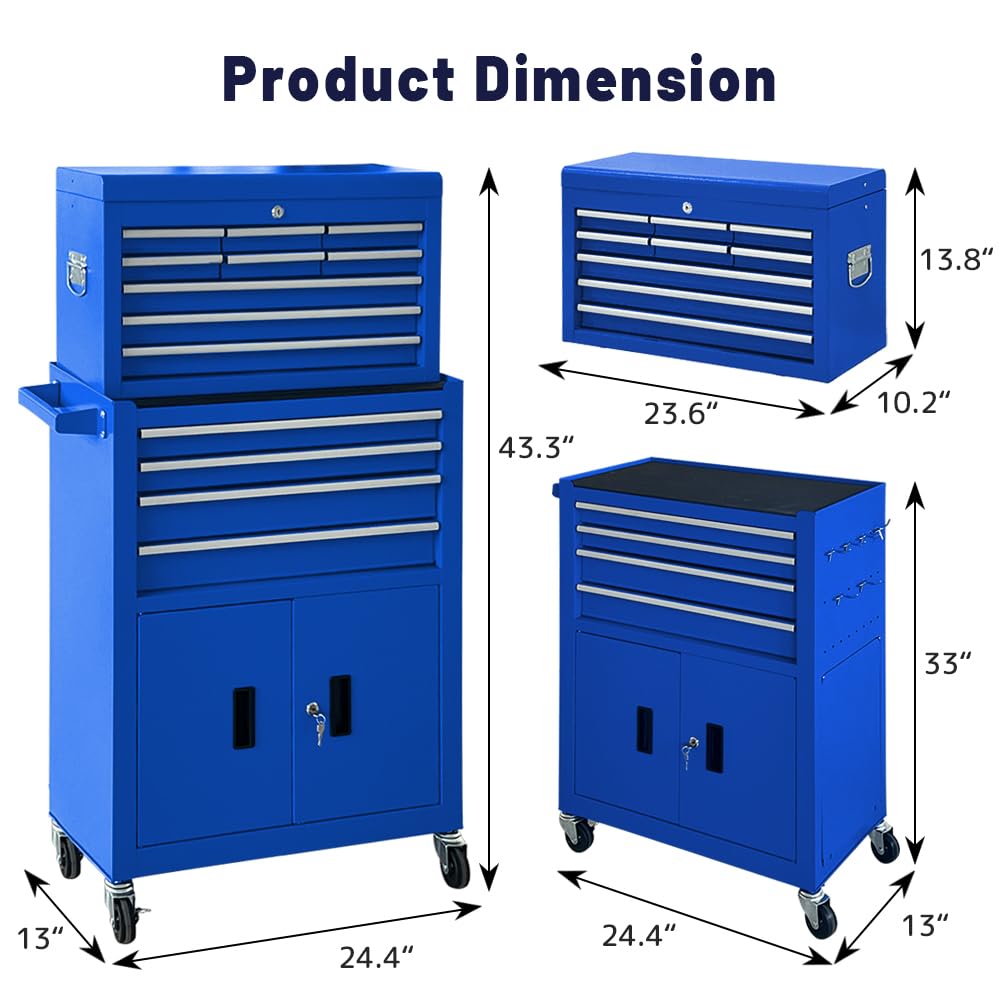 13-Drawer Rolling Tool Chest with Double Doors, 2 in 1 Detachable Rolling Tool Chest Combo, Mobile Tool Cabinet with Drawers, Metal LarLockable Tool Box for GaraWorkshop (Blue)