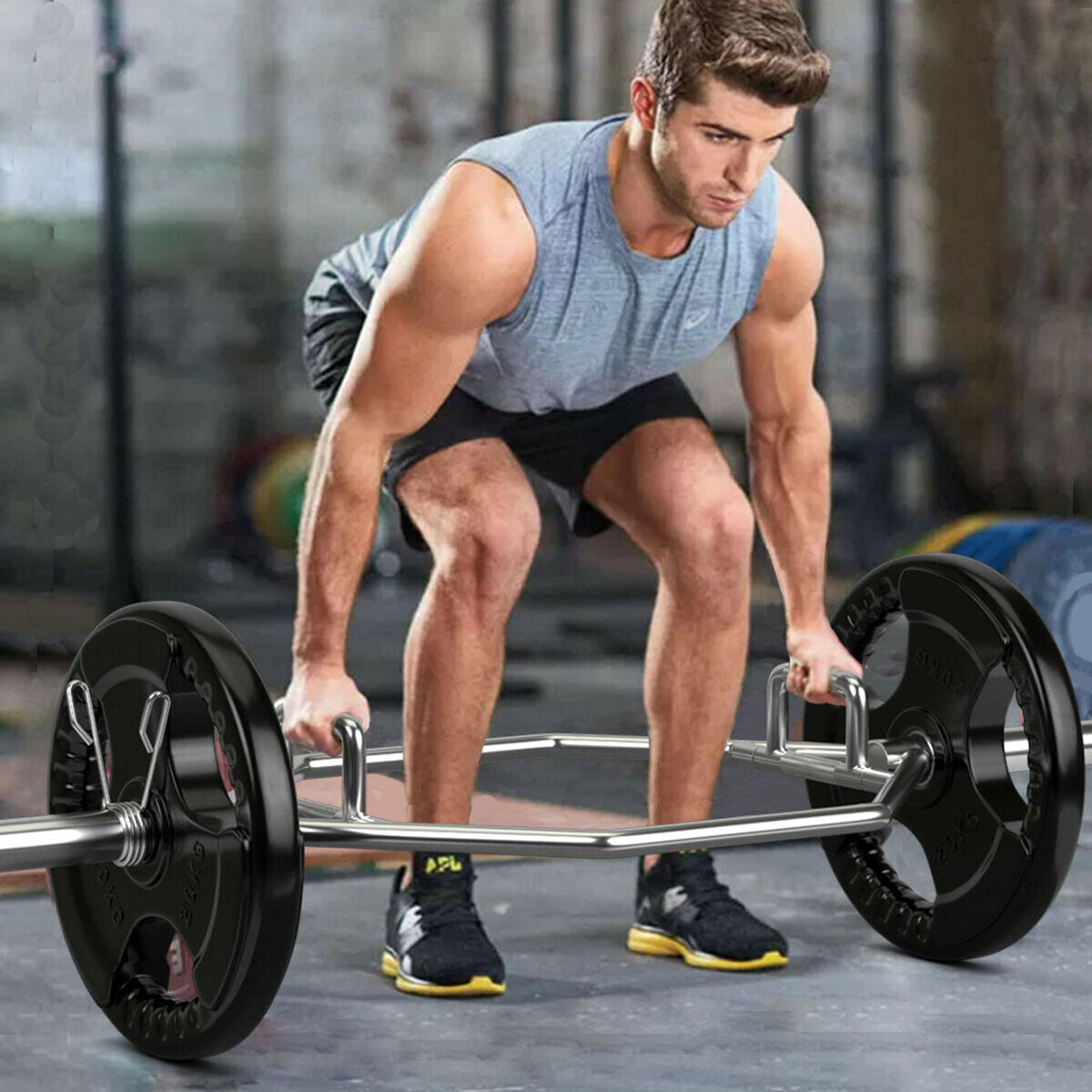 Gymax 56'' Olympic Hexagon Deadlift Bar Trap Bar w/ Folding Grips Pushups Powerlifting