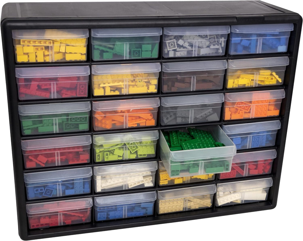 24-Drawer Plastic Drawer StoraCabinet for GaraOrganization, Bead Organizer, Building Bricks Storage, Teacher Toolbox, Makeup Organizer, 20" W x 6" D x 16" H, 10124 Black