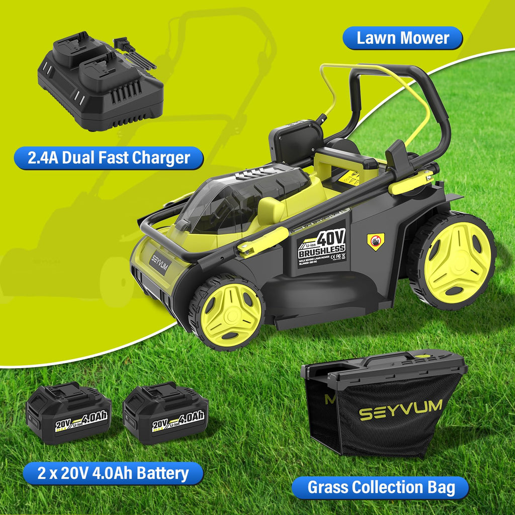 40V 16-inch Cordless Lawn Mower with 45L Grass Collection Bag, 6 Position Height Adjustment Electric Lawn Mower, 2 x 20V 4.0Ah Battery Powered Push Lawnmower, 2.4A Fast Charger, Lemon Green