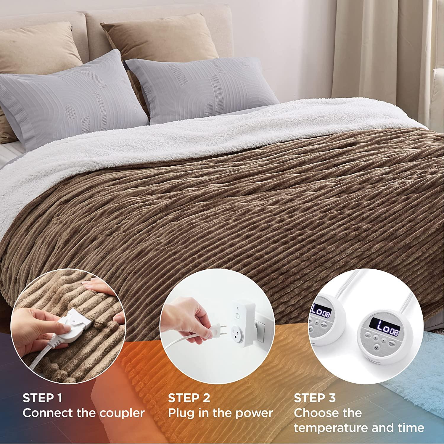 Heated Blanket Size - Soft Ribbed Fleece Fast Heating Electric Blanket with 10 Heating Levels  10 Time Settings, 8 Hours Auto-Off Heated Blanket, Dual Control (90×100 inches, Brown)