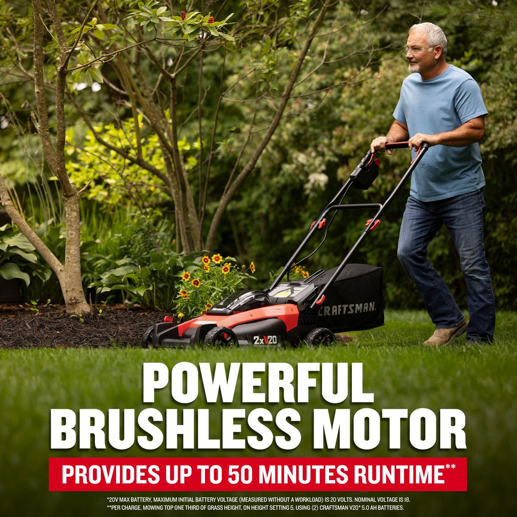 V20 20 in Lawn Mower, 2 x 5Ah Batteries and 2 Chargers Included, High Effeciency Brushless Motor, Push Mower, Up to 50 Min of Runtime, Lightweight, Grass Bag, Low Profile (CMCMW220P2)