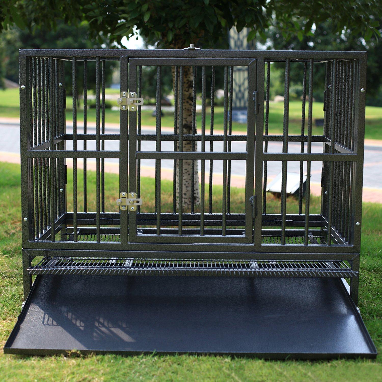 Sliverylake Dog CaCrate Kennel - Heavy Duty Double Door Pet Caw/Metal Tray Wheels Exercise Playpen