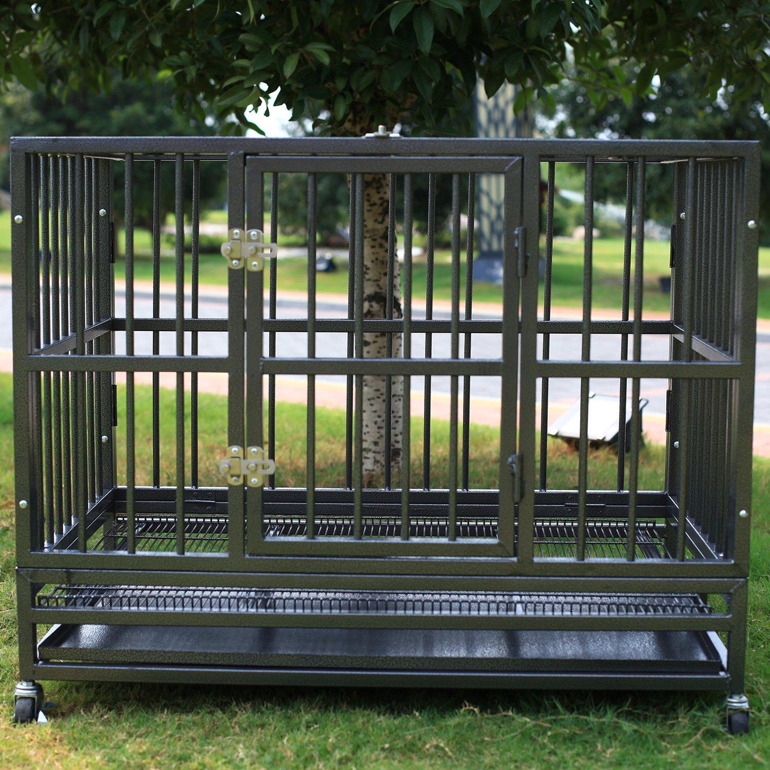Sliverylake Dog CaCrate Kennel - Heavy Duty Double Door Pet Caw/Metal Tray Wheels Exercise Playpen