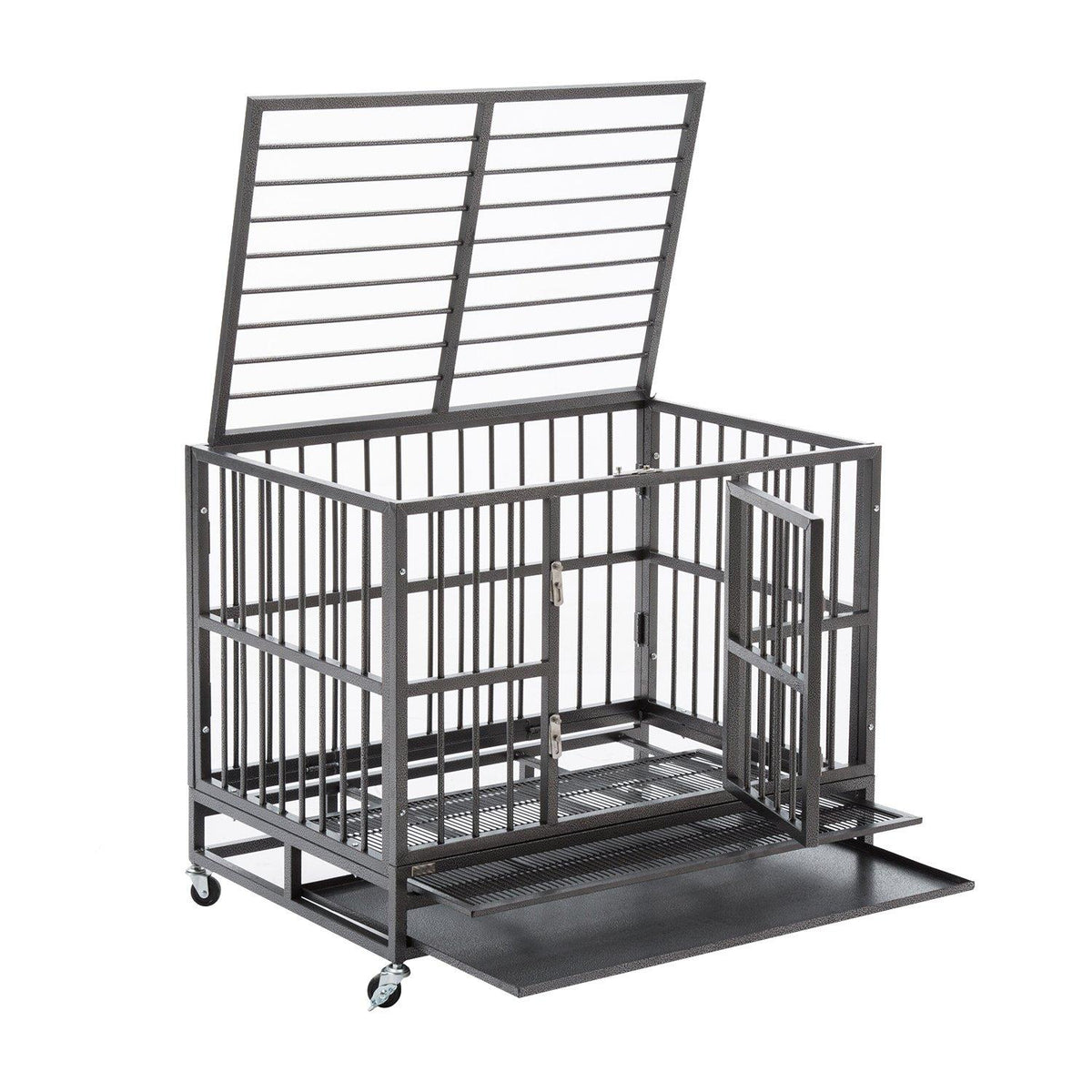 Sliverylake Dog CaCrate Kennel - Heavy Duty Double Door Pet Caw/Metal Tray Wheels Exercise Playpen