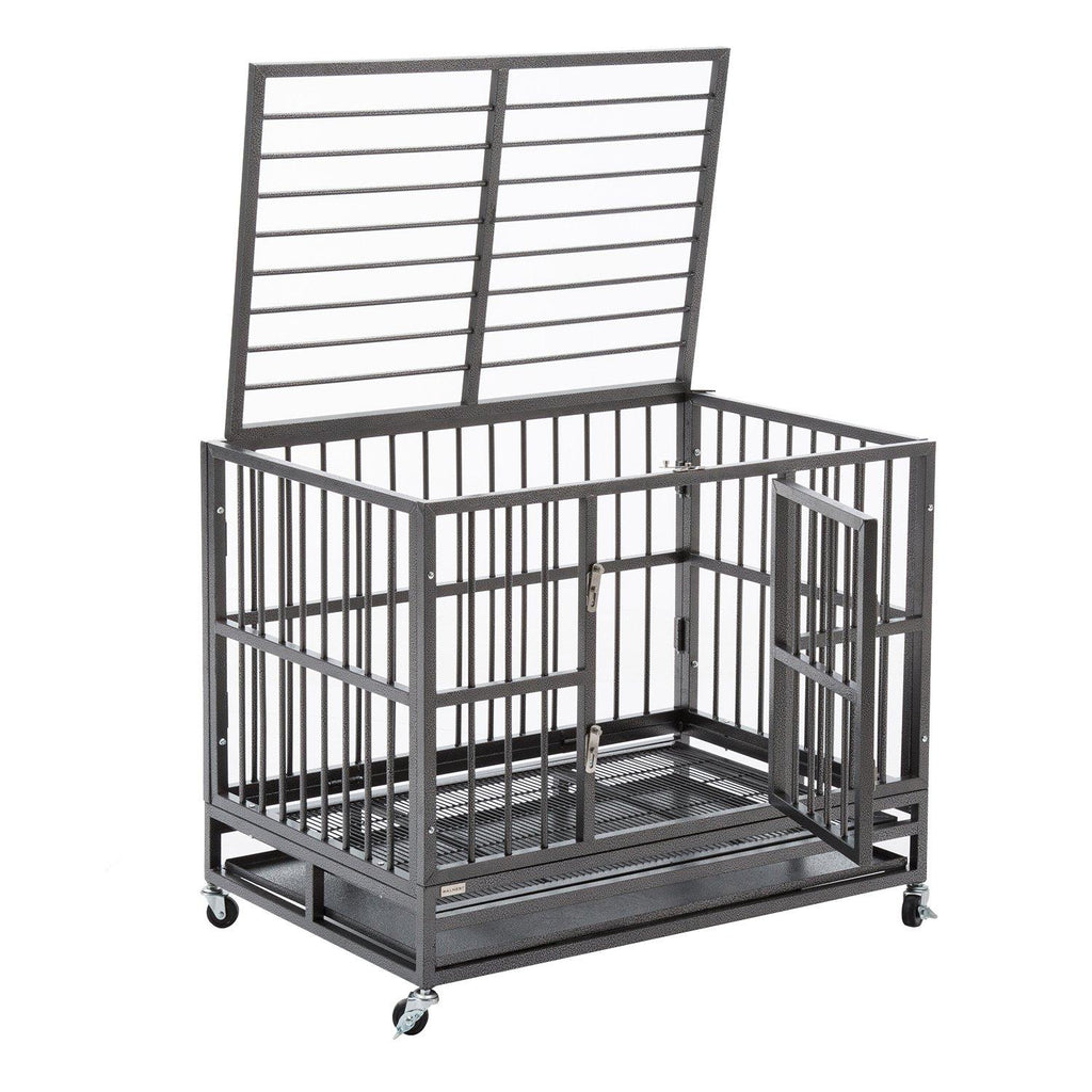 Sliverylake Dog CaCrate Kennel - Heavy Duty Double Door Pet Caw/Metal Tray Wheels Exercise Playpen