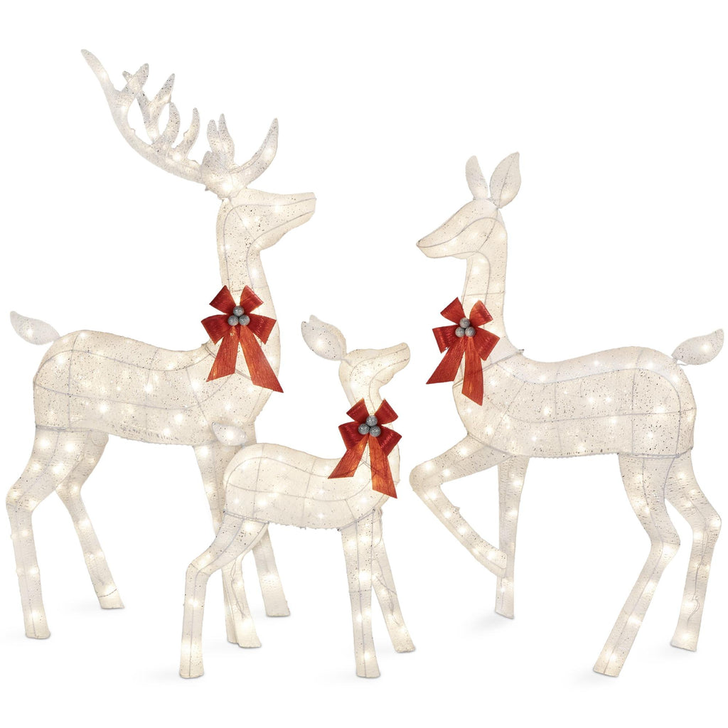 3-Piece Lighted Christmas Deer Set Outdoor Yard Decoration with 360 LED Lights, Stakes - White