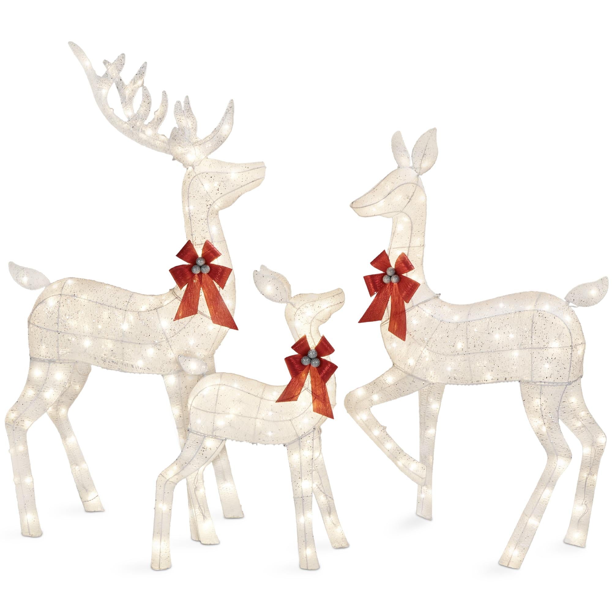 3-Piece Lighted Christmas Deer Set Outdoor Yard Decoration with 360 LED Lights, Stakes - White