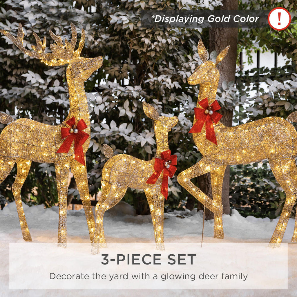 3-Piece Lighted Christmas Deer Set Outdoor Yard Decoration with 360 LED Lights, Stakes - White