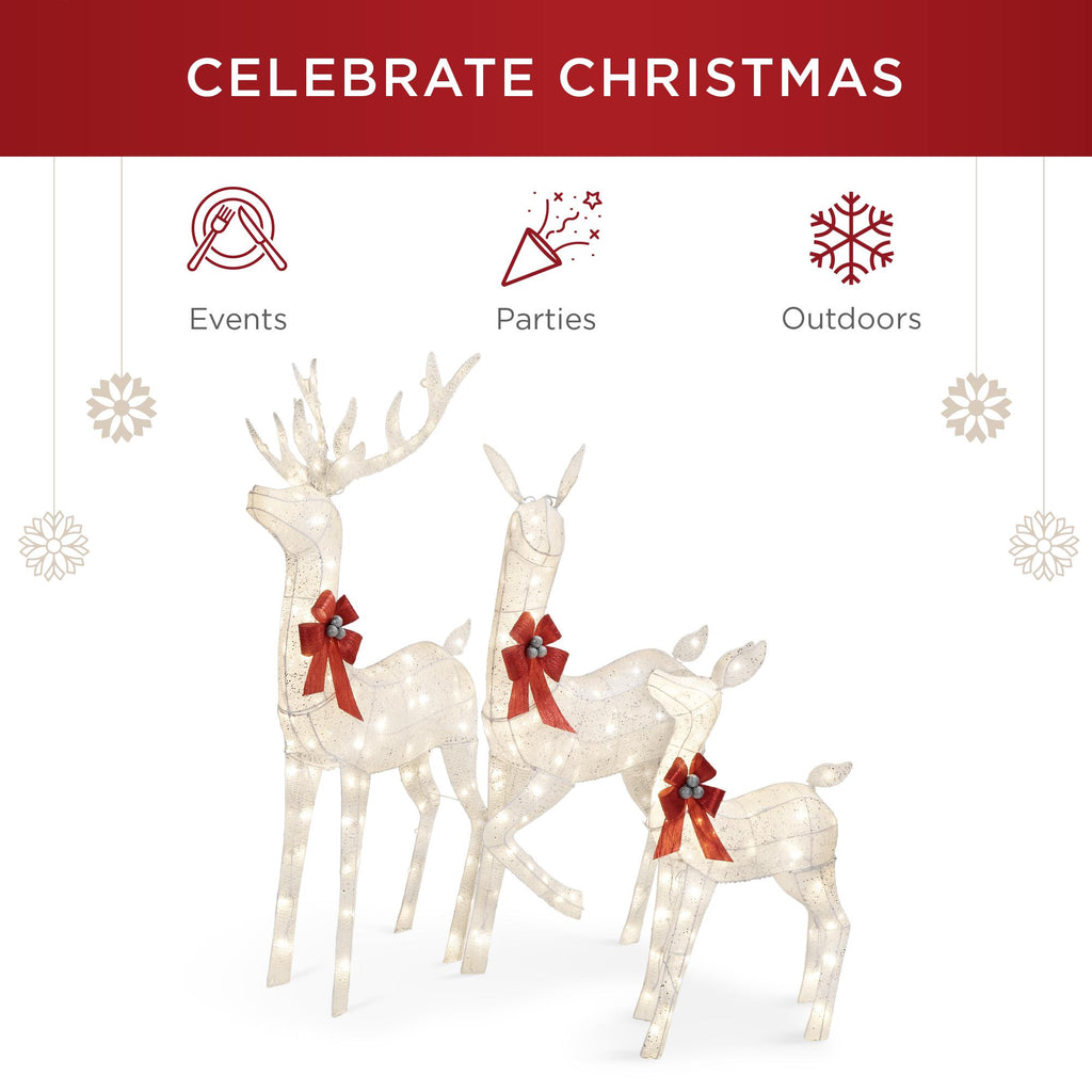 3-Piece Lighted Christmas Deer Set Outdoor Yard Decoration with 360 LED Lights, Stakes - White