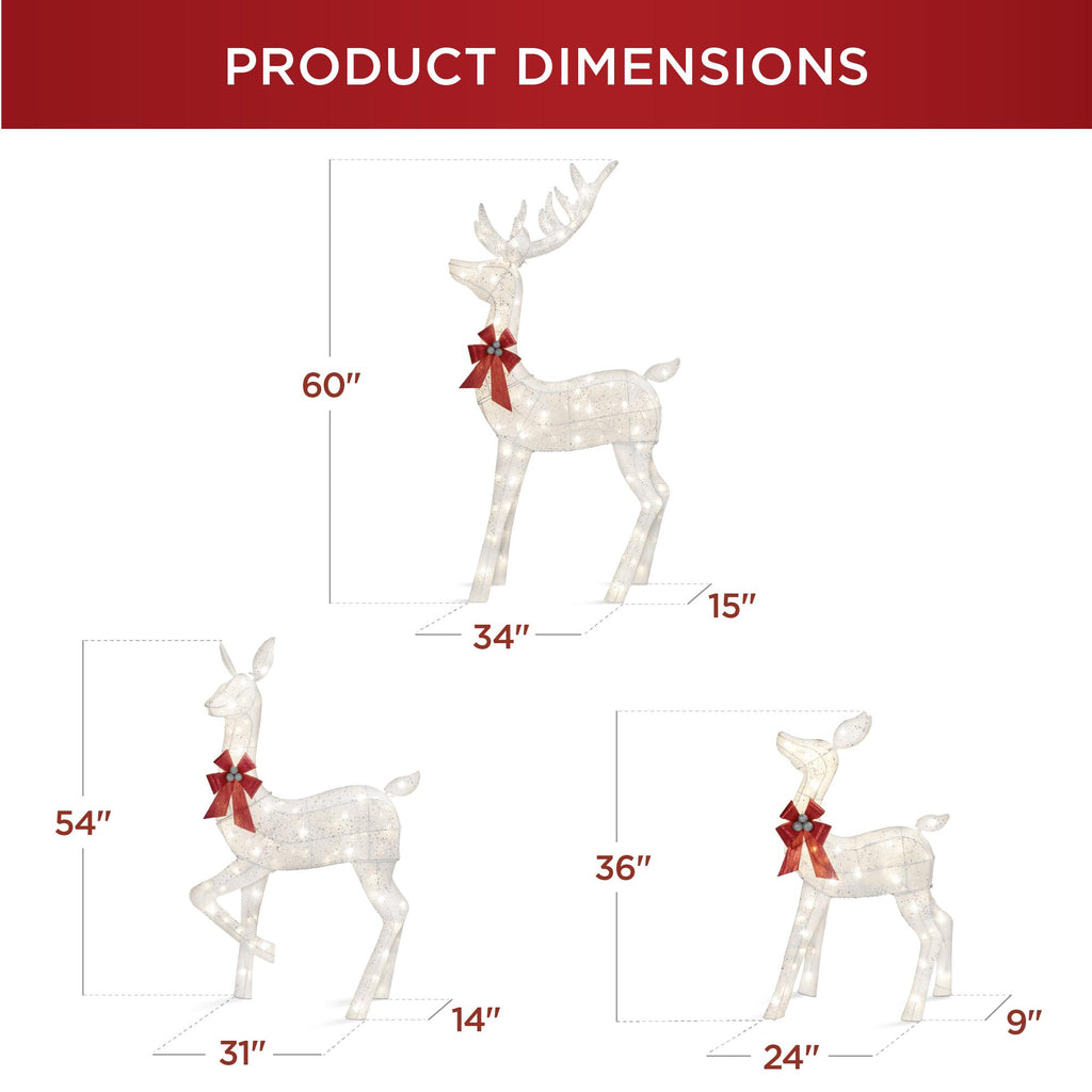 3-Piece Lighted Christmas Deer Set Outdoor Yard Decoration with 360 LED Lights, Stakes - White