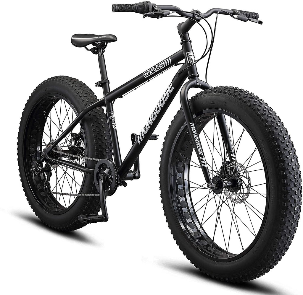 Mongoose Malus Adult Fat Tire Mountain Bike, 26-Inch Wheels, 7-Speed, Twist Shifters, Steel Frame, Mechanical Disc Brakes, Multiple Colors