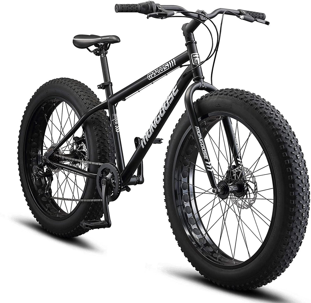 Mongoose Malus Adult Fat Tire Mountain Bike, 26-Inch Wheels, 7-Speed, Twist Shifters, Steel Frame, Mechanical Disc Brakes, Multiple Colors