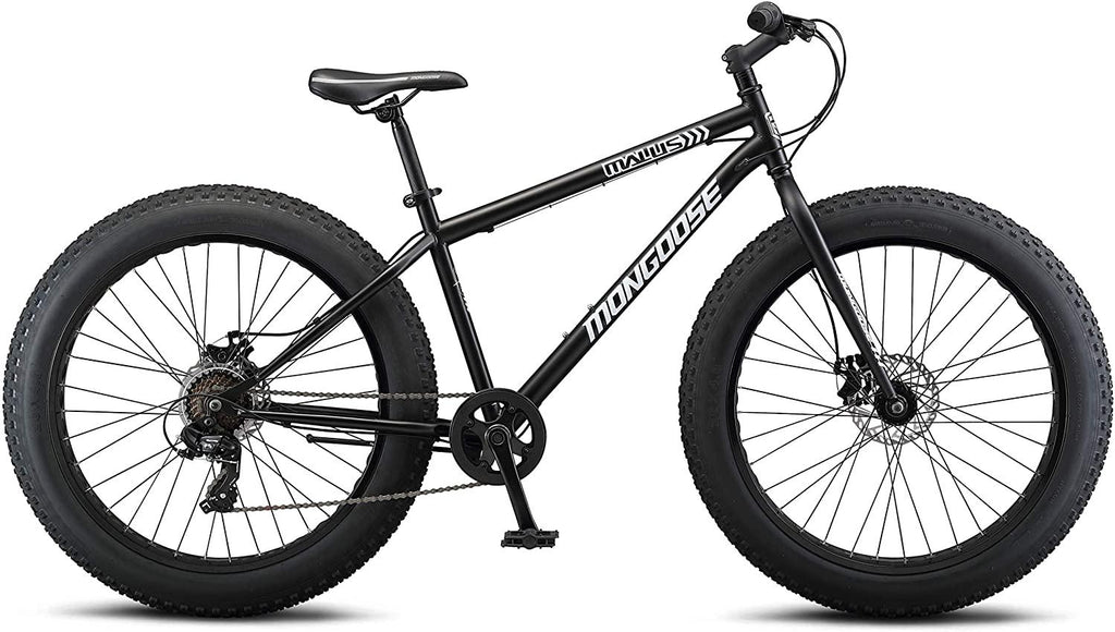 Mongoose Malus Adult Fat Tire Mountain Bike, 26-Inch Wheels, 7-Speed, Twist Shifters, Steel Frame, Mechanical Disc Brakes, Multiple Colors