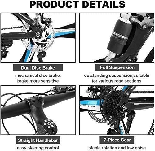26in Mountain Bike, Foldable Mountain Bikes for Men &amp; Women 21 Speed Bicycle Full Suspension MTB Trek Bike with Dual Disc Brakes for Commuting, Racing, Outdoor Exercise Fitness