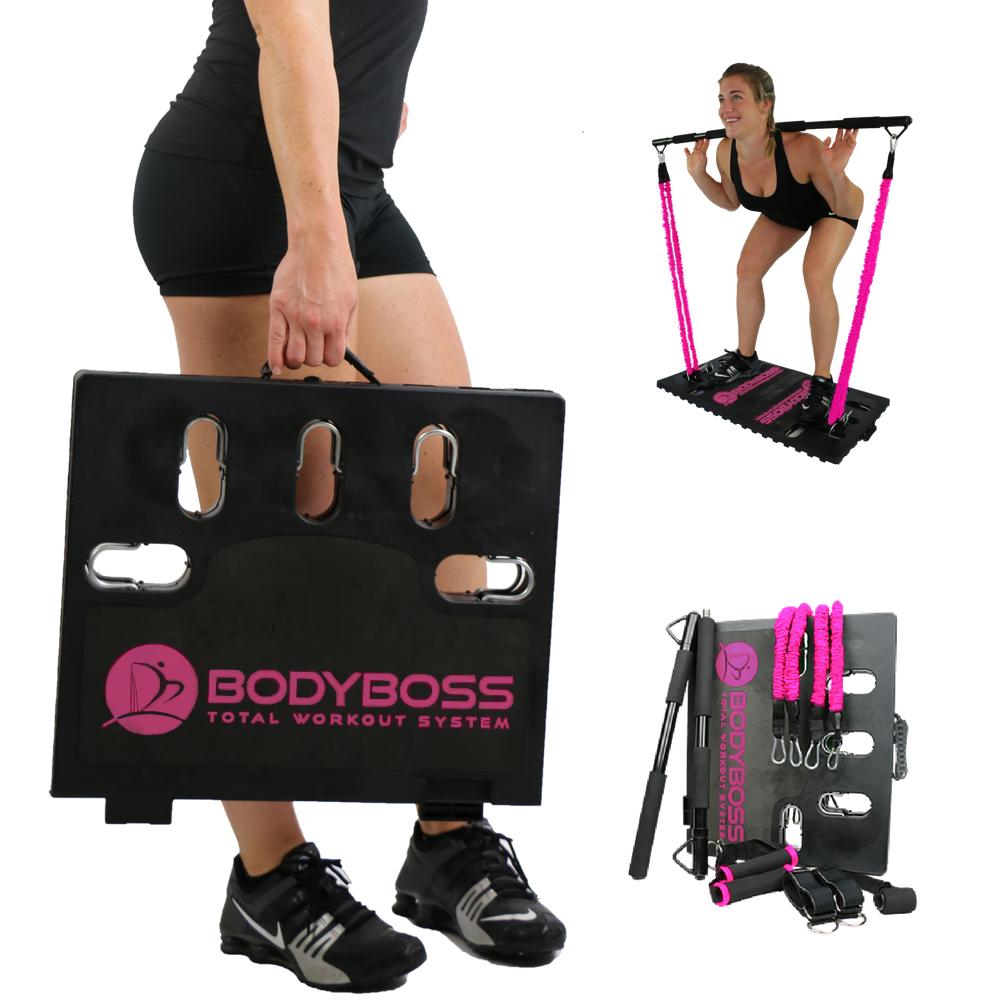 BodyBoss 2.0 - Full Portable Home Gym Workout Packa+ Resistance Bands - Collapsible Resistance Bar, Handles - Full Body Workouts for Home, Travel or Outside - Pink