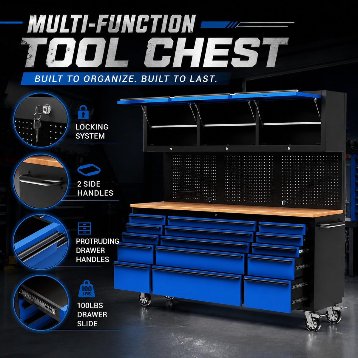 72 inch Tool Chest Tool Box Mobile 15 Drawer Stora3 Upper Cabinet Power Outlet SS-Pegboard with Wheels Lock Key LocSystem Drawer Liners for GaraWarehouse Repair Shop